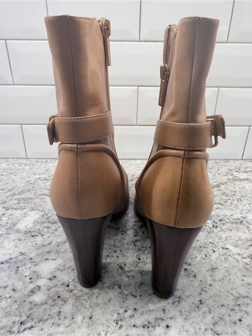 Veronica Beard Camel Leather High Heel Ankle Boot with Gold Buckle - Picture 2 of 4